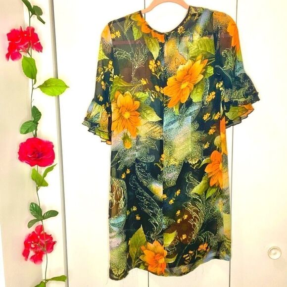 SHEER Floral Ruffle Flounce Sleeve  Dress - Picture 4 of 6